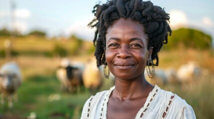 Wall Mural - A smiling woman with curly hair wearing a white blouse standing in a field with grazing sheep in the background.