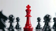 © Anastasiia Havelia - A red chess piece stands out among black ones on a white background, representing the concept of competition and victory in business or a wrestling game. The king figure symbolizes