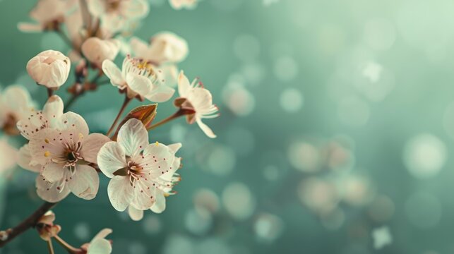 Spring concept apricot cherry blossom on green background in bloom selective focus text space