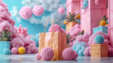 Wall Mural - Pink and Blue Dream: A Shopping Bag in a Surreal World