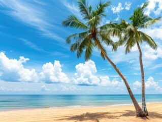 Palm trees on beautiful tropical beach with blue sky with white clouds, copy space of summer vacation and business travel concept background