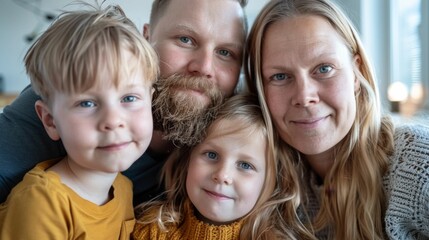Wall Mural - A family of four posing for a portrait with a warm joyful expression featuring a man with a beard a woman with blonde hair and two children with bright blue eyes.