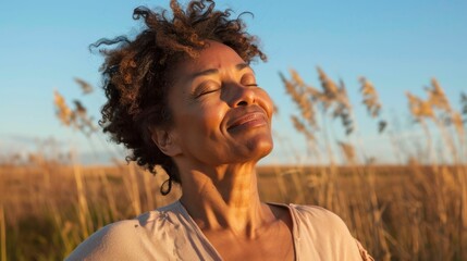 Wall Mural - A woman with curly hair smiling and looking up towards the sky surrounded by tall grasses in a field at sunset.