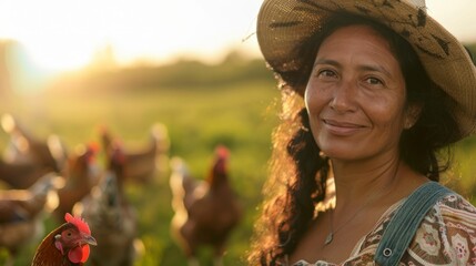 Poster - A woman with a straw hat smiling standing in a field with chickens around her.