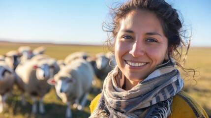 Wall Mural - Smiling woman in scarf standing amidst flock of sheep in open field under clear blue sky.