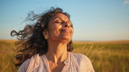 Wall Mural - A woman with closed eyes smiling and looking up her hair blowing in the wind standing in a field with a blue sky in the background.