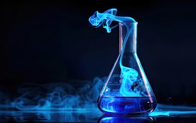 Flask with blue liquid and smoke in a dark lab, representing a scientific experiment or chemistry concept, isolated on black background.