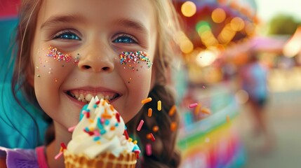 Sticker - The little girl has sprinkles on her nose and a big smile as she holds an ice cream cone. She looks happy and full of joy at the event, enjoying her sorbetes or gelato AIG50