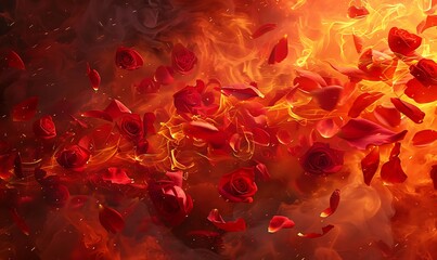Wall Mural - Red rose petals caught in a swirling firestorm of flames, mist, and abstract elements, offering a mesmerizing and intense visual experience