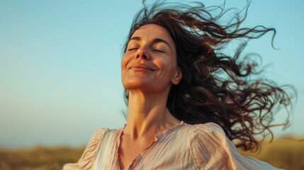 Wall Mural - A woman with long curly hair smiling and looking up with her hair blowing in the wind wearing a white blouse set against a blurred background of a field and a blue sky.