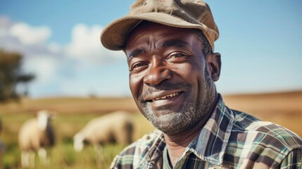 Wall Mural - A joyful man in a cap plaid shirt and beard standing amidst a field with sheep under a blue sky with clouds.