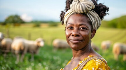 Sticker - A woman with a head wrap standing in a field of sheep smiling at the camera.