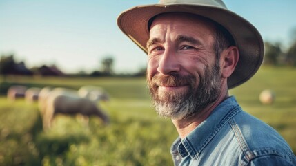 Wall Mural - A man with a beard and hat smiling at the camera standing in a field with grazing sheep in the background.