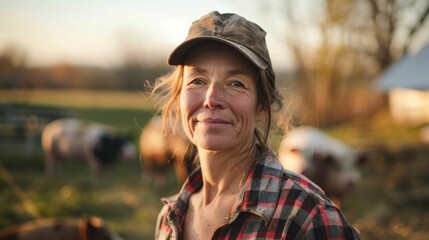 Wall Mural - A woman in a plaid shirt and baseball cap smiling at the camera standing amidst a herd of pigs on a farm at sunset.