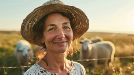 Wall Mural - A smiling woman in a straw hat stands in a field with sheep enjoying a sunny day.