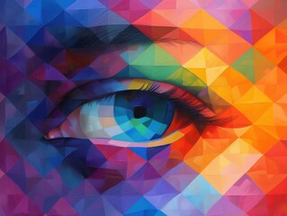 Abstract Colorful Eye Art features a detailed close-up of an eye with vibrant mosaic of colors and geometric shapes, creating a striking visual effect.