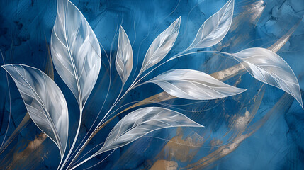 painting of a bunch of white leaves on a blue background