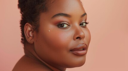 Wall Mural - A close-up portrait of a woman with a soft warm glow showcasing her makeup and a subtle earring set against a soft pink background.