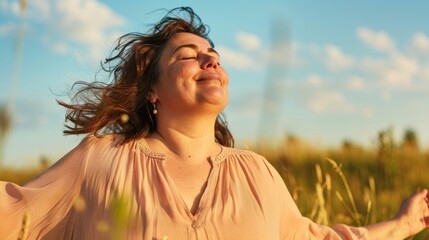 Wall Mural - Woman in pink blouse smiling eyes closed standing in field with wind blowing her hair looking up towards sky with clouds.