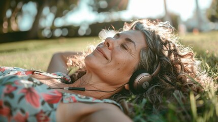 Wall Mural - A woman with curly hair wearing headphones lying on grass with a contented smile enjoying a sunny day.