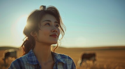 Wall Mural - A young woman in a plaid shirt smiling and looking up at the sky with a serene landscape of cows grazing in a field during sunset.