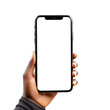 © C.Castilla - Mano que sostiene el teléfono móvil moderno.Teléfono celular con pantalla blanca sobre fondo transparente.