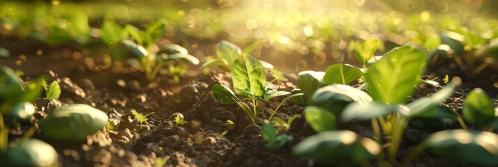 Canvas Print - Lush green young plants and seedlings growing from the nutrient-rich soil,surrounded by sunlight,representing the concepts of new growth,agriculture,ecology,and the cycle of life in nature.