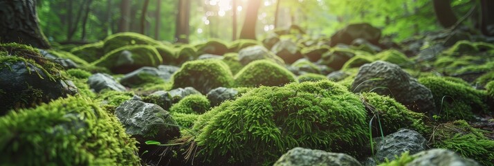 Sticker - Lush,velvety green moss covers rocks in a tranquil forest setting,with soft sunlight filtering through the overhead trees,creating a peaceful,serene atmosphere.