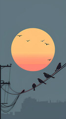 Wall Mural - there are birds sitting on a power line with the sun setting