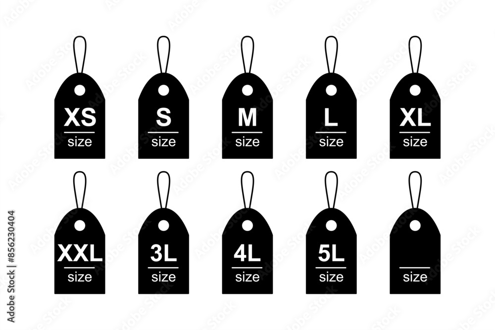 Black sticker clothes size labels. XS, S, M, L, XL, XXL, 3L, 4L, 5L ...