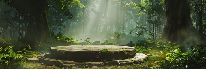 Canvas Print - Serene and ethereal forest clearing featuring a large moss-covered stone platform surrounded by lush green foliage and soft,natural sunlight filtering through the canopy.