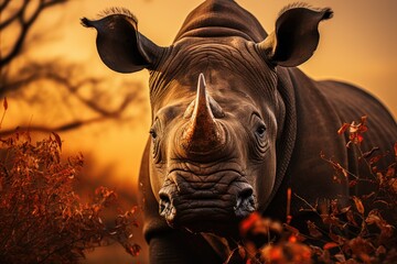 Wall Mural - Black rhino in the African savannah at sunset., generative IA