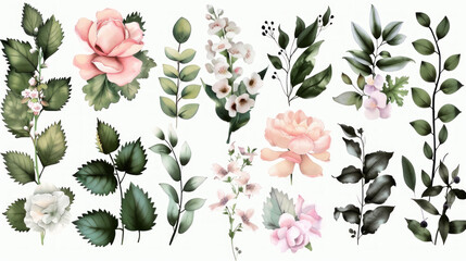 Wall Mural - botanical watercolor design with white flowers and green leaves, floral background