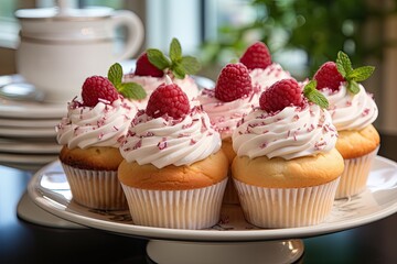 Wall Mural - Cupcakes of raspberry with jam, decorated with fresh raspberries., generative IA