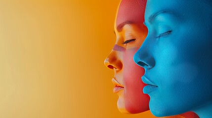 Wall Mural - Two women with blue and red faces are shown in a painting