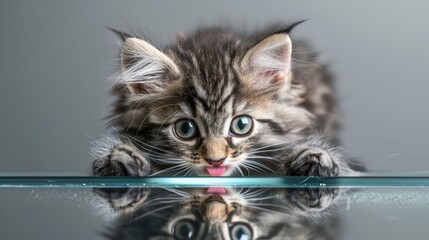 Wall Mural - Adorable blue tabby maine coon kitten licking glass table from below on gray background