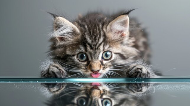 Adorable blue tabby maine coon kitten licking glass table from below on gray background