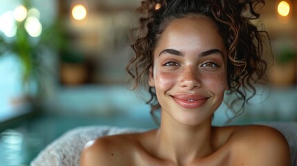 Wall Mural - Portrait of a Smiling Woman with Freckles