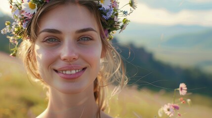 Poster - A woman wearing a flower crown on her head is smiling in a field of grass, showcasing a happy and fun headpiece at an event. The flower is a fashion accessory that adds to her joyful expression AIG50