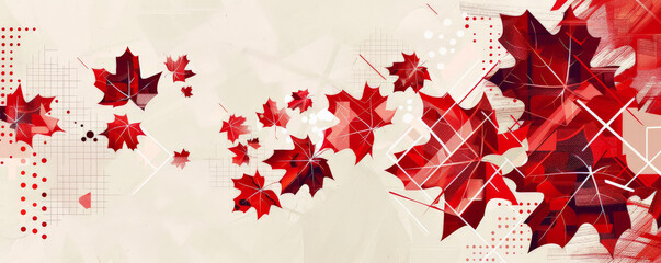 Wall Mural - Canada Day background with a bold, contemporary design featuring layered maple leaves and geometric patterns.
