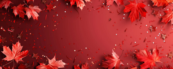 Wall Mural - Canada Day background with a festive border of maple leaves and confetti, leaving space in the center for text.