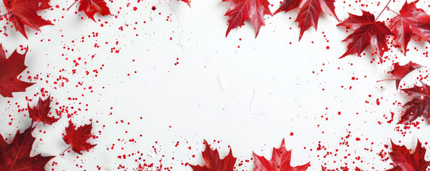 Wall Mural - Canada Day background with a festive border of maple leaves and confetti, leaving space in the center for text.
