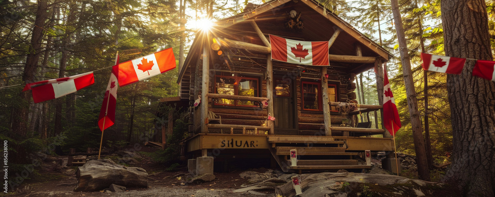 Canada Day background with a rustic cabin in the woods, decorated with Canadian flags and banners.