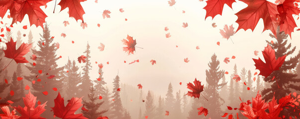 Wall Mural - Canada Day background with a serene view of a Canadian forest, with maple leaves gently falling.