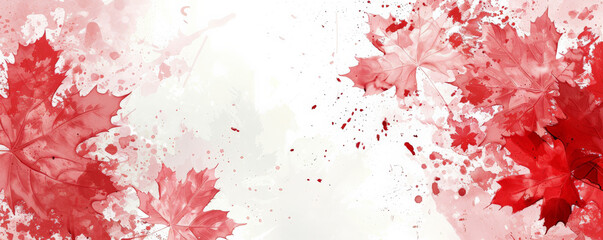 Wall Mural - Canada Day background with an artistic watercolor style featuring red and white splashes and maple leaves.