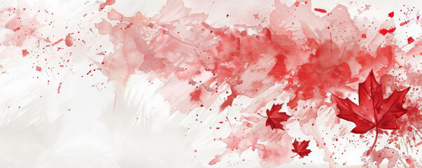 Wall Mural - Canada Day background with an artistic watercolor style featuring red and white splashes and maple leaves.