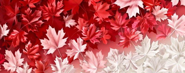 Wall Mural - Canada Day background with an elegant design of maple leaves in various shades of red and white.
