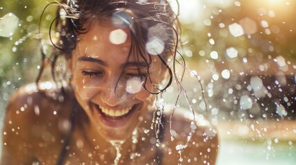 Wall Mural - The woman is happily splashing water on her face with a smile, enjoying a fun leisure activity during a travel event AIG50