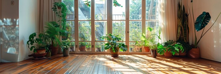 Wall Mural - Sunlit Room with Wooden Floor and Lush Houseplants by Large Windows,Warm and Bright Atmosphere Perfect for Relaxation and Natural Light Enjoyment