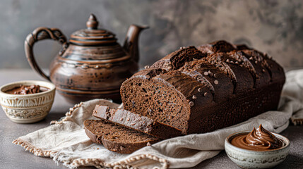 Canvas Print - A slice of chocolate bread is on a table next to a bowl of chocolate sauce